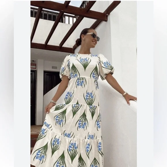 Zara Ecru Floral Linen Cotton Midi Dress Open Back Size Small - Picture 2 of 13